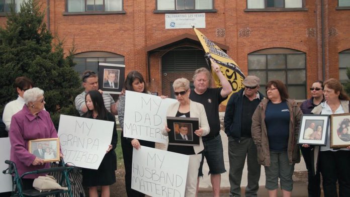 A scene from the 2019 documentary "Town of Widows" by Natasha Luckhardt and Rob Viscardis about the fight for justice by former General Electric workers and their widows in Peterborough who believe illnesses and cancer deaths in their community are linked to toxic exposure from the GE plant. (kawarthaNOW screenshot) A scene from the 2019 documentary "Town of Widows" by Natasha Luckhardt and Rob Viscardis about the fight for justice by former General Electric workers and their widows in Peterborough who believe illnesses and cancer deaths in their community are linked to toxic exposure from the GE plant. (kawarthaNOW screenshot)