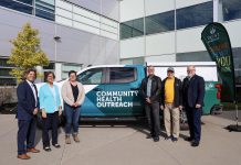 Trent/Fleming School of Nursing dean Dr. Hugo Lehmann and associate dean Dr. Ellen Buck-McFadyen, nurse practitioner and Trent University clinical instructor Erinne Stevens, donors Brad Holland and Bryan Davies, and Trent University provost and vice-president Dr. Mark Skinner in front of the new donor-funded community health outreach vehicle that the Peterborough Community Health Centre will use to improve primary healthcare services to rural and Indigenous communities in Peterborough County while also providing nursing students with practical experience. (Photo courtesy of Trent University)
