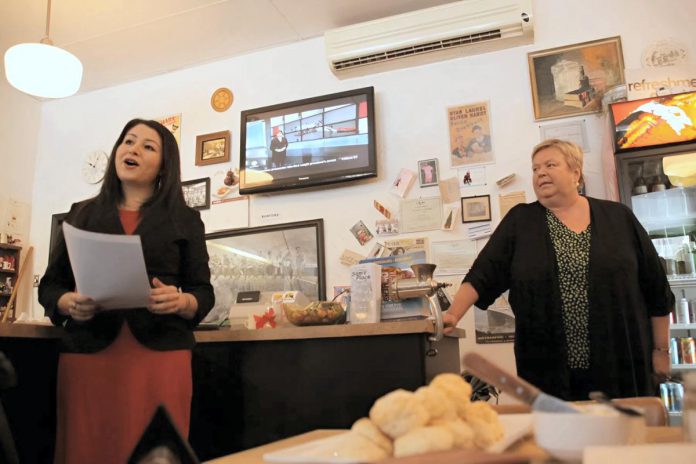 Ann Farquharson (right) pictured with Maryam Monsef in February 2015 when Monsef announced her intention to run for the federal Liberal nomination. (Photo: Jeannine Taylor / kawarthaNOW)