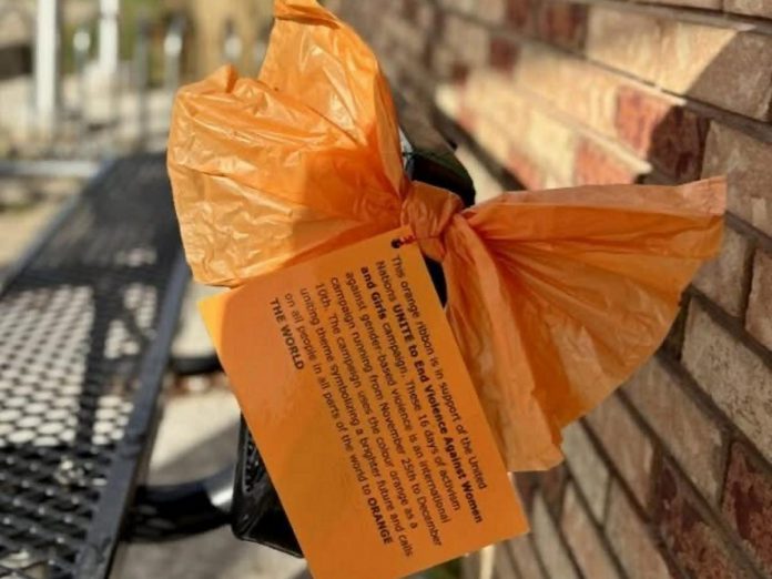 Orange bows and explanatory cards are being displayed throughout Brighton to mark the UN's "16 Days of Activism Against Gender-Based Violence" campaign that runs from November 25 to December 10, 2025. Municipality of Brighton council recently voted to support the campaign by proclaiming November 25 to December 10 as "Orange Days, End Violence Against Women and Girls" and by providing permission for orange bows to be affixed to municipally owned property such as park benches. (Photo: Municipality of Brighton)