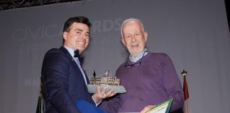 Cobourg resident Richard Pope (right), a lifelong naturalist, birder, and author, received the Environmental Award from Mayor Lucas Cleveland at the 2024 civic awards. Nominations for the 2025 civic awards are open until February 27, 2026 to provide more time for residents to submit nominations. (Photo: Town of Cobourg)