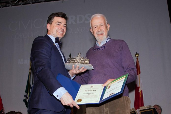 Cobourg resident Richard Pope (right), a lifelong naturalist, birder, and author, received the Environmental Award from Mayor Lucas Cleveland at the 2024 civic awards. Nominations for the 2025 civic awards are open until February 27, 2026 to provide more time for residents to submit nominations. (Photo: Town of Cobourg)