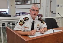 Cobourg police chief Paul VandeGraaf providing an update to the police service board in July 2024. (kawarthaNOW screenshot of Cobourg Police Service video)