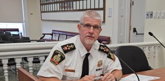 Cobourg police chief Paul VandeGraaf providing an update to the police service board in July 2024. (kawarthaNOW screenshot of Cobourg Police Service video)