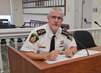 Cobourg police chief Paul VandeGraaf providing an update to the police service board in July 2024. (kawarthaNOW screenshot of Cobourg Police Service video)