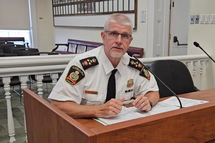 Cobourg police chief Paul VandeGraaf providing an update to the police service board in July 2024. (kawarthaNOW screenshot of Cobourg Police Service video)