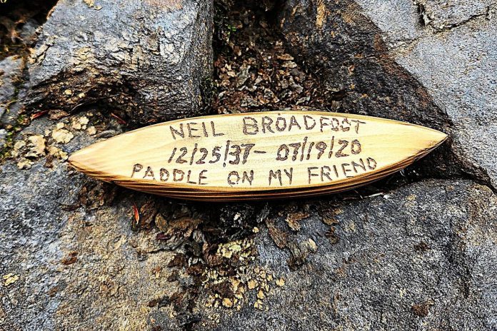 The first miniature canoe in Daniel Marlatt's "Dedicate a Canoe" social project has been dedicated to renowned artist Neil Broadfoot, who passed away in 2020. Marlatt and Broadfoot met through the Kawartha Artists' Group and did shows together, including "The Canadian Shield Through the Eyes of an Artist." (Photo courtesy of Daniel Marlatt)