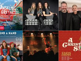 encoreNOW for November 17, 2025 features (from left to right, top and bottom) "Hansel & Gretel - The Sweet & Sticky Panto" at Port Hope's Capitol Theatre, Boreal at Bancroft Village Playhouse, the Colin James Trio at Peterborough's Showplace Performance Centre, "We Lend A Hand: The Forgotten Story of Ontario Farmerettes" at Lakefield College School's Bryan Jones Theatre, Hawksley Workman at Peterborough's Market Hall, and "A Christmas Story: The Musical" at Lindsay's Academy Theatre. (kawarthaNOW collage)