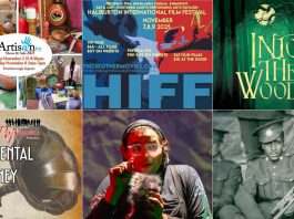 encoreNOW for November 3, 2025 features (from left to right, top and bottom) the ARTISANity show and sale at Peterborough Square, the Haliburton International Film Festival at the Northern Lights Performing Arts Pavilion, St. James Players production of "Into The Woods" at Showplace Performance Centre in downtown Peterborough, Peterborough Pop Ensemble's "Best of Sentimental Journey" at Westdale United Church in Peterborough, Public Energy's presentation of "who will save the night sky?" at Trent University's Nozhem First Peoples Performance Space, and Beau and Lance Dixon's "Footnote To Freedom" at Market Hall Performing Arts Centre in downtown Peterborough. (kawarthaNOW collage)