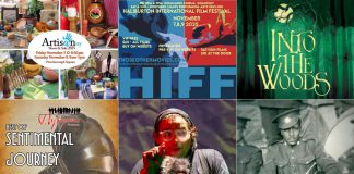 encoreNOW for November 3, 2025 features (from left to right, top and bottom) the ARTISANity show and sale at Peterborough Square, the Haliburton International Film Festival at the Northern Lights Performing Arts Pavilion, St. James Players production of "Into The Woods" at Showplace Performance Centre in downtown Peterborough, Peterborough Pop Ensemble's "Best of Sentimental Journey" at Westdale United Church in Peterborough, Public Energy's presentation of "who will save the night sky?" at Trent University's Nozhem First Peoples Performance Space, and Beau and Lance Dixon's "Footnote To Freedom" at Market Hall Performing Arts Centre in downtown Peterborough. (kawarthaNOW collage)