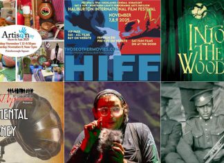 encoreNOW for November 3, 2025 features (from left to right, top and bottom) the ARTISANity show and sale at Peterborough Square, the Haliburton International Film Festival at the Northern Lights Performing Arts Pavilion, St. James Players production of "Into The Woods" at Showplace Performance Centre in downtown Peterborough, Peterborough Pop Ensemble's "Best of Sentimental Journey" at Westdale United Church in Peterborough, Public Energy's presentation of "who will save the night sky?" at Trent University's Nozhem First Peoples Performance Space, and Beau and Lance Dixon's "Footnote To Freedom" at Market Hall Performing Arts Centre in downtown Peterborough. (kawarthaNOW collage)