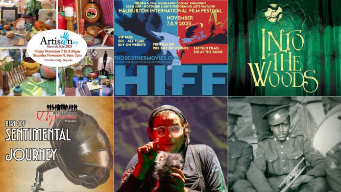 encoreNOW for November 3, 2025 features (from left to right, top and bottom) the ARTISANity show and sale at Peterborough Square, the Haliburton International Film Festival at the Northern Lights Performing Arts Pavilion, St. James Players production of "Into The Woods" at Showplace Performance Centre in downtown Peterborough, Peterborough Pop Ensemble's "Best of Sentimental Journey" at Westdale United Church in Peterborough, Public Energy's presentation of "who will save the night sky?" at Trent University's Nozhem First Peoples Performance Space, and Beau and Lance Dixon's "Footnote To Freedom" at Market Hall Performing Arts Centre in downtown Peterborough. (kawarthaNOW collage) encoreNOW for November 3, 2025 features (from left to right, top and bottom) the ARTISANity show and sale at Peterborough Square, the Haliburton International Film Festival at the Northern Lights Performing Arts Pavilion, St. James Players production of "Into The Woods" at Showplace Performance Centre in downtown Peterborough, Peterborough Pop Ensemble's "Best of Sentimental Journey" at Westdale United Church in Peterborough, Public Energy's presentation of "who will save the night sky?" at Trent University's Nozhem First Peoples Performance Space, and Beau and Lance Dixon's "Footnote To Freedom" at Market Hall Performing Arts Centre in downtown Peterborough. (kawarthaNOW collage)