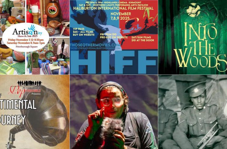 encoreNOW for November 3, 2025 features (from left to right, top and bottom) the ARTISANity show and sale at Peterborough Square, the Haliburton International Film Festival at the Northern Lights Performing Arts Pavilion, St. James Players production of "Into The Woods" at Showplace Performance Centre in downtown Peterborough, Peterborough Pop Ensemble's "Best of Sentimental Journey" at Westdale United Church in Peterborough, Public Energy's presentation of "who will save the night sky?" at Trent University's Nozhem First Peoples Performance Space, and Beau and Lance Dixon's "Footnote To Freedom" at Market Hall Performing Arts Centre in downtown Peterborough. (kawarthaNOW collage)