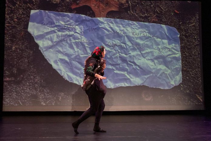 Presented by Public Energy Performing Arts, Philip Geller performs in "who will save the night sky?" at Trent University's Nozhem First Peoples Performance Space on November 9, 2025. (Photo: Kate Dalton)