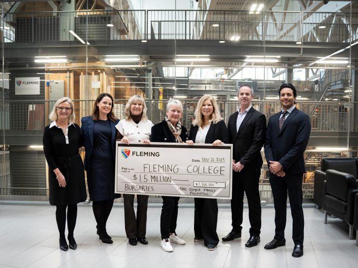 Pictured during the announcement of the Joyce Family Foundation's historic $1.5 million gift to Fleming College on November 26, 2025 at the Kawartha Trades and Technology Centre at the Sutherland Campus in Peterborough are (left to right): Maureen Adamson, President, Fleming College; Maureen O'Neill, Executive Director, Joyce Family Foundation; Linda Ricker, Director of Finance, Joyce Family Foundation; Chris Jardine, Associate Vice President, Marketing & Advancement, Fleming College; Katie Pezoulas, Executive Director, Advancement & External Relations, Fleming College; Nick Stone, Associate Vice President, Applied Health, Fleming College; and Joanne Spicer, Vice President, Student Experience, Fleming College. (Photo courtesy of Fleming College) Pictured during the announcement of the Joyce Family Foundation's historic $1.5 million gift to Fleming College on November 26, 2025 at the Kawartha Trades and Technology Centre at the Sutherland Campus in Peterborough are (left to right): Maureen Adamson, President, Fleming College; Maureen O'Neill, Executive Director, Joyce Family Foundation; Linda Ricker, Director of Finance, Joyce Family Foundation; Chris Jardine, Associate Vice President, Marketing & Advancement, Fleming College; Katie Pezoulas, Executive Director, Advancement & External Relations, Fleming College; Nick Stone, Associate Vice President, Applied Health, Fleming College; and Joanne Spicer, Vice President, Student Experience, Fleming College. (Photo courtesy of Fleming College)