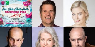 "The Little Balls Falls Christmas Fete (ality!)", Globus Theatre's festive murder mystery dinner theatre experience running for six performances from November 13 to 22, 2025 in Bobcaygeon, stars (left to right, top and bottom) Sandy Jobin Bevans, Kylee Evans, Chris Gibbs, Barb Scheffler, and Kerry Griffin. (kawarthaNOW collage)