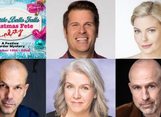 "The Little Balls Falls Christmas Fete (ality!)", Globus Theatre's festive murder mystery dinner theatre experience running for six performances from November 13 to 22, 2025 in Bobcaygeon, stars (left to right, top and bottom) Sandy Jobin Bevans, Kylee Evans, Chris Gibbs, Barb Scheffler, and Kerry Griffin. (kawarthaNOW collage)