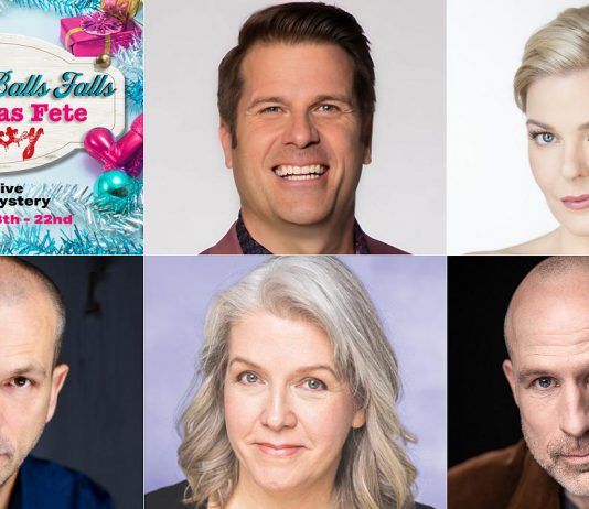 "The Little Balls Falls Christmas Fete (ality!)", Globus Theatre's festive murder mystery dinner theatre experience running for six performances from November 13 to 22, 2025 in Bobcaygeon, stars (left to right, top and bottom) Sandy Jobin Bevans, Kylee Evans, Chris Gibbs, Barb Scheffler, and Kerry Griffin. (kawarthaNOW collage)