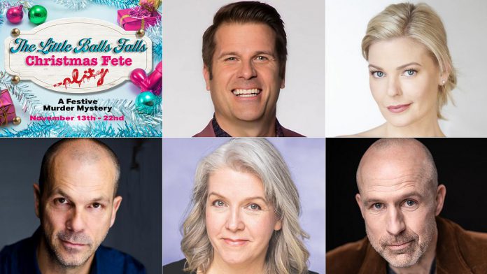 "The Little Balls Falls Christmas Fete (ality!)", Globus Theatre's festive murder mystery dinner theatre experience running for six performances from November 13 to 22, 2025 in Bobcaygeon, stars (left to right, top and bottom) Sandy Jobin Bevans, Kylee Evans, Chris Gibbs, Barb Scheffler, and Kerry Griffin. (kawarthaNOW collage)