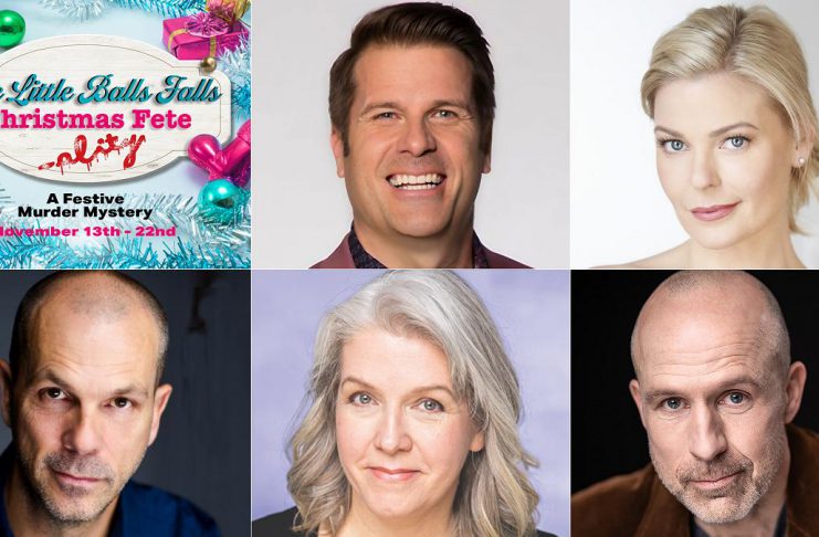 "The Little Balls Falls Christmas Fete (ality!)", Globus Theatre's festive murder mystery dinner theatre experience running for six performances from November 13 to 22, 2025 in Bobcaygeon, stars (left to right, top and bottom) Sandy Jobin Bevans, Kylee Evans, Chris Gibbs, Barb Scheffler, and Kerry Griffin. (kawarthaNOW collage)