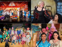 Globus Theatre in Bobcaygeon is presenting the traditional British panto "Jack and the Beanstalk," a comic retelling of the classic fairytale by artistic director Sarah Quick, from December 3 to 17, 2025. Quick, who both watched and performed in pantos during her childhood in England, has written and produced Globus Theatre's panto every year for almost two decades, most recently including (left to right, top and bottom) 2021's "Mother Goose," 2022's "Cinderella," 2023's "Puss in Boots," and 2024's "Aladdin." (kawarthaNOW collage of photos courtesy of Globus Theatre)