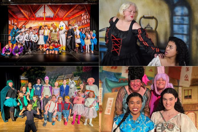 Globus Theatre in Bobcaygeon is presenting the traditional British panto "Jack and the Beanstalk," a comic retelling of the classic fairytale by artistic director Sarah Quick, from December 3 to 17, 2025. Quick, who both watched and performed in pantos during her childhood in England, has written and produced Globus Theatre's panto every year for almost two decades, most recently including (left to right, top and bottom) 2021's "Mother Goose," 2022's "Cinderella," 2023's "Puss in Boots," and 2024's "Aladdin." (kawarthaNOW collage of photos courtesy of Globus Theatre) Globus Theatre in Bobcaygeon is presenting the traditional British panto "Jack and the Beanstalk," a comic retelling of the classic fairytale by artistic director Sarah Quick, from December 3 to 17, 2025. Quick, who both watched and performed in pantos during her childhood in England, has written and produced Globus Theatre's panto every year for almost two decades, most recently including (left to right, top and bottom) 2021's "Mother Goose," 2022's "Cinderella," 2023's "Puss in Boots," and 2024's "Aladdin." (kawarthaNOW collage of photos courtesy of Globus Theatre)