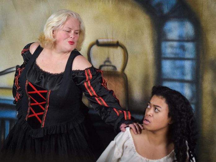 Sarah Quick as the Wicked Stepmother and Rebecca Anne Bloom as Cinders in "Cinderella," Globus Theatre's 2022 traditional British panto that also featured community actors including participants in Globus Theatre's School of Dramatic Arts. (Photo courtesy of Globus Theatre)