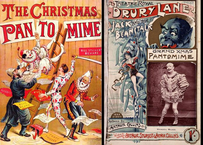 A Christmas Pantomime colour lithograph bookcover from England in 1890 and a cover of pantomime text for Jack and the Beanstalk at the Theatre Royal in London's Drury Lane in 1899. Evolving from a form of Italian theatre that made its way to Britain, pantomime had become a staple of London theatres by the early 18th century and, during the Victorian era, grew in popularity to become the holiday tradition that continues to this day. (Public domain photos)
