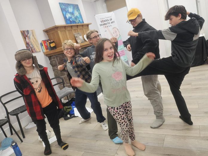Young performers rehearsing for Globus Theatre's traditional British panto "Jack and the Beanstalk," a comic retelling of the classic fairytale by artistic director Sarah Quick, from December 3 to 17, 2025. Around 40 local children and youth will be involved in the production, both on and off the stage. (Photo courtesy of Globus Theatre)