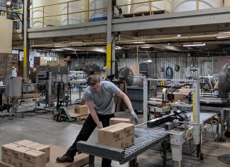 Inside Charlotte Products' Peterborough facility, staff oversee the packaging of environmentally responsible cleaning products. The company uses a supply chain that emphasizes Ontario-based materials and partnerships to minimize emissions and cost. (Photo courtesy of Charlotte Products)