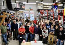 Kawartha Home Hardware Group of Stores general manager Frank Geerslink (front, far left) with employees of Kawartha Home Hardware during happier times, before a fire destroyed the historic building at the corner of Queen and Burnham streets in downtown Lakefield on October 9, 2025. Geerslink says Kawartha Home Hardware will be opening a pop-up store at 25 Queen Street, just across the street, before Christmas. (Photo: Kawartha Home Hardware / Facebook)