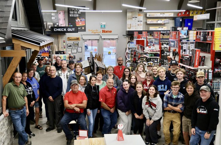 Kawartha Home Hardware Group of Stores general manager Frank Geerlinks (front, far left) with employees of Kawartha Home Hardware during happier times, before a fire destroyed the historic building at the corner of Queen and Burnham streets in downtown Lakefield on October 9, 2025. Geerlinks says Kawartha Home Hardware will be opening a pop-up store at 25 Queen Street, just across the street, before Christmas. (Photo: Kawartha Home Hardware / Facebook)
