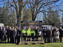 City of Kawartha Lakes politicians, staff, paramedics, and project partners gathered at 230 Angeline Street South in Lindsay on November 18, 2025 to mark the next step towards the construction of a new $50-million paramedics headquarters in Lindsay, unveiling a new sign to mark the site of the facility, with construction expected to begin in spring 2026 now that a lease agreement with Trillium Lakelands District School Board for the property has been finalized. (Photo: City of Kawartha Lakes)