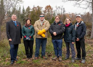 Kawartha Land Trust creates new nature reserve on 435-acre property in Trent Lakes Attendees at the Kawartha Land Trust (KLT) announcement on November 7, 2025 about the creation of the new Kawartha Highlands South nature reserve in the Municipality of Trent Lakes included (from left to right) Peterborough-Kawartha MPP Dave Smith, KLT board member Geri Blinick, KLT trustee Gary Pritchard, KLT executive director John Kintare, Ontario Land Trust Alliance executive director Alison Howson, and KLT board chair Randy Northey. (Photo: Stephanie Lake)