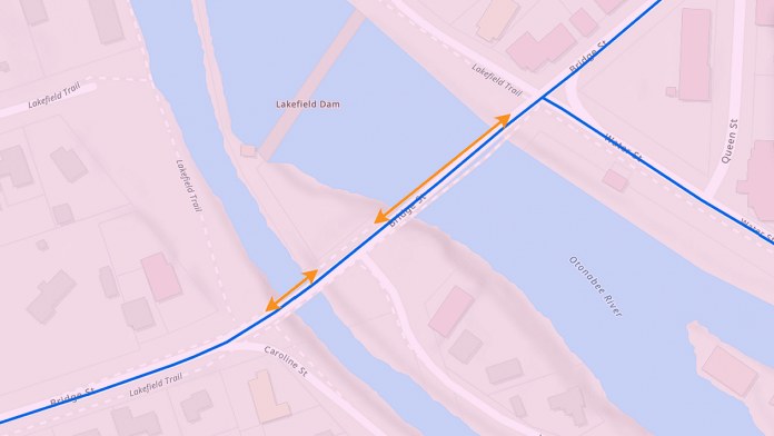 The sections of the County Road 29 (Bridge Street) that will undergo rehabilitation work in 2027. The total cost for the project is estimated at $2.725 million, including $1.5 million for the portion of the bridge that crosses the Otonabee River and $1.225 million for the portion of the bridge that crosses the Trent Canal. (Graphic: Peterborough County)