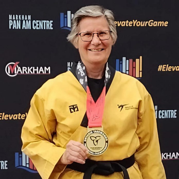 Linda Touzin of Blue Wave Taekwondo in Peterborough shows off the gold medal she earned while competing at the 2025 Taekwondo Ontario Team Selection Games in Markham on October 5, 2025. Touzin will be representing the Taekwondo Ontario team in the female over 65 category of poomsae at the 2026 Taekwondo Canada National Championships in Halifax from February 5 to 7. (Photo courtesy of Blue Wave Taekwondo)