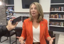 Ontario NDP leader Marit Stiles answers a question during a visit to Peterborough on November 21, 2025 to express her party's opposition to the Ontario government's Bill 60, dubbed the Fighting Delays, Building Faster Act. (Photo: Paul Rellinger / kawarthaNOW)