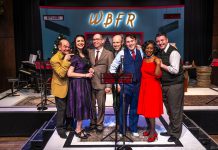 The entire original cast from New Stages Theatre's 2023 production of "It's a Wonderful Life: A Live Radio Show" will be reprising their roles when the show returns to Market Hall Performing Arts Centre in downtown Peterborough for six performances from December 10 to 14, 2025. From left to right: Brad Brackenridge, Megan Murphy, director Mark Wallace, Kerry Griffin, M. John Kennedy, Ordena Stephens-Thompson, and musical director Gabriel Vaillant. (Photo: Dahlia Katz)