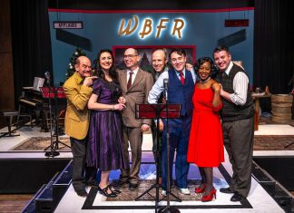 The entire original cast from New Stages Theatre's 2023 production of "It's a Wonderful Life: A Live Radio Show" will be reprising their roles when the show returns to Market Hall Performing Arts Centre in downtown Peterborough for six performances from December 10 to 14, 2025. From left to right: Brad Brackenridge, Megan Murphy, director Mark Wallace, Kerry Griffin, M. John Kennedy, Ordena Stephens-Thompson, and musical director Gabriel Vaillant. (Photo: Dahlia Katz)
