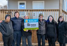 Habitat for Humanity Northumberland CEO Cathy Borowec (far right) with members of the Molaski family (James, Jack, Elizbeth, Peter, and Sarah) during an event on November 13, 2025 to celebrate the completion of the single detached home for the multi-generational family. (Photo courtesy of Habitat for Humanity Northumberland)