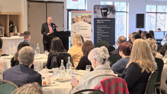 Peterborough mayor Jeff Leal addressing local business leaders during the annual Mayor's Breakfast hosted by Peterborough and Kawarthas Chamber of Commerce at the Peterborough Golf and Country Club on November 27, 2025. (Photo: Jeannine Taylor / kawarthaNOW)