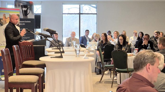 Peterborough police chief Stuart Betts addressing local business leaders during the annual Mayor's Breakfast hosted by Peterborough and Kawarthas Chamber of Commerce at the Peterborough Golf and Country Club on November 27, 2025. (Photo: Jeannine Taylor / kawarthaNOW)