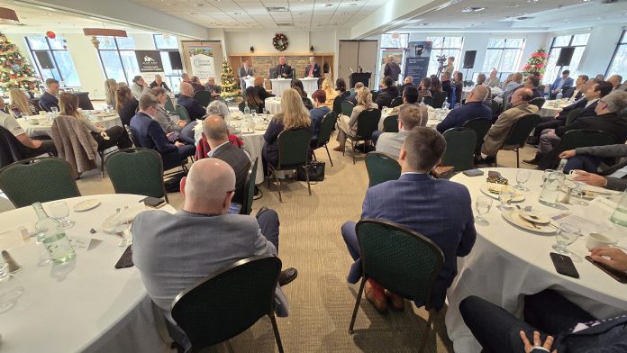 Local business leaders during a question-and-answer session with Peterborough police chief Stuart Betts and Peterborough mayor Jeff Leal during the annual Mayor's Breakfast hosted by Peterborough and Kawarthas Chamber of Commerce at the Peterborough Golf and Country Club on November 27, 2025. (Photo: Jeannine Taylor / kawarthaNOW)