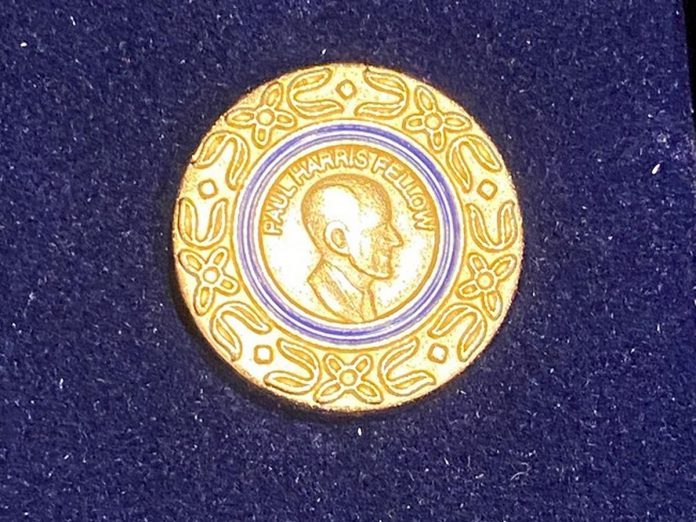 Each of the seven community members named as a Paul Harris Fellow by the Rotary Club of Peterborough and the Rotary Club of Peterborough-Kawartha at a dinner and celebration at the Peterborough Golf and Country Club on November 20, 2025 received a Paul Harris Fellow certificate and a Paul Harris pin. On behalf of each recipient, the Rotary Clubs will donate the equivalent of $1,000 USD to the Rotary International Foundation. (Photo courtesy of Rotary Club of Peterborough)