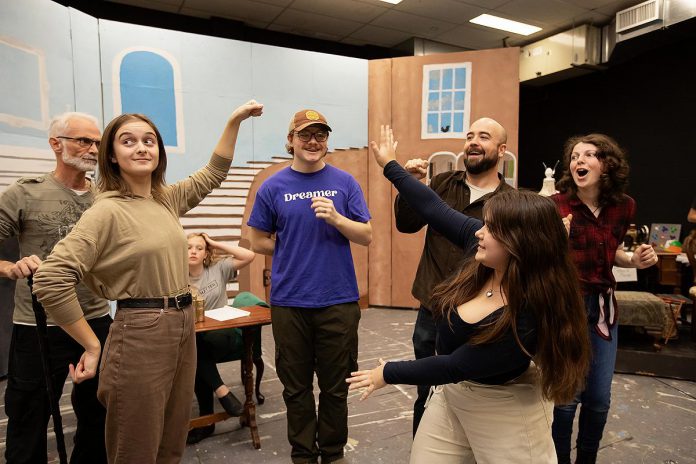 Cast members display the emperor's invisible clothes during a rehearsal of the Peterborough Theatre Guild production of Gerry McBride's "The Emperor's New Clothes." The family-friendly musical adaptation of the classic Hans Christian Andersen folktale runs for seven public performances from December 5 to 14, 2025. (Photo: Jordan Lyall Photography)