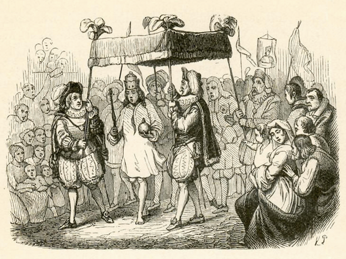 An illustration of Danish author Hans Christian Andersen's 1837 folktale "The Emperor's New Clothes" by Vilhelm Pedersen, Andersen's first illustrator. Although the illustration portrays the emperor wearing undergarments, the original text makes it clear the emperor is wearing nothing at all as he proceeds through town. (Public domain image)