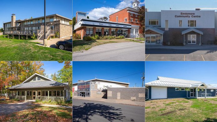 The Township of Selwyn has six halls and meeting rooms available for rental, including (left to right, top and bottom) the Bridgenorth Community Hall, the Centennial Room in Lakefield, the Ennismore Auditorium at the Ennismore Community Centre, the Marshland Centre in Lakefield, the Neils Pind Room in the Lakefield-Smith Community Centre, and The River Den in Lakefield. (Photos courtesy of the Township of Selwyn)