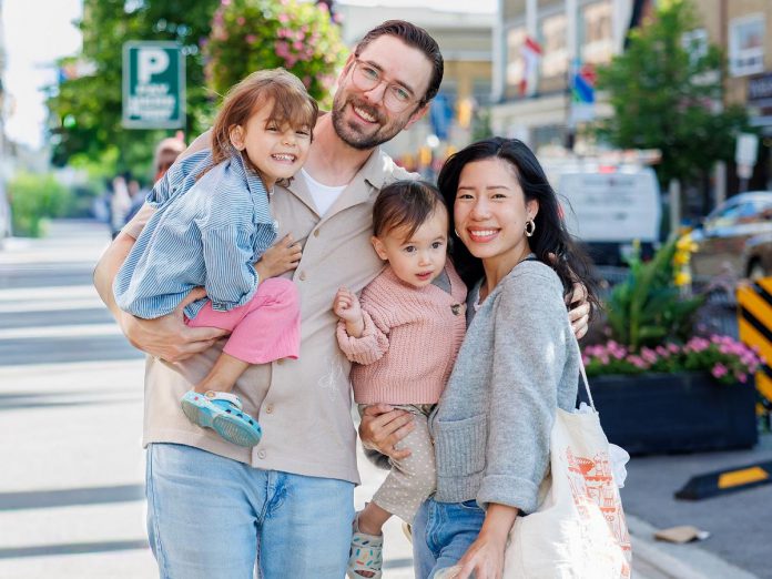 The Main Ingredient owners Michael and Whitney Hall with their children. The couple purchased the bulk food store at 326 Charlotte Street in downtown Peterborough in 2022 and have since been dealing with the store's leaky roof. (Photo: Kayla Le Franc)