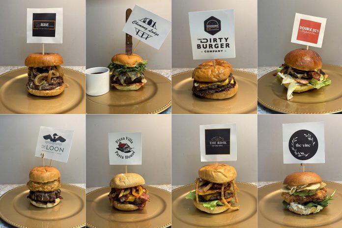The eight burgers vying to be crowned as the Ultimate Burger of the Year during the United Way Peterborough & District's inaugural Ultimate Burger Battle in November 2025: "Cien Fuegos Burger" by Agave By Imperial, "The Chemong Lodge" by Chemong Lodge, "BBQ Bacon Jam Month Burger" by Dirty Burger, "The Big D" by Double Dz's Diner, "The Loonatic" by The Loon Lakefield, "The United Way Burger" by Pizza Villa & Pasta House, "Hat Trick Burger" by The Rink Tap & Grill, and "Fish 'n Chip Burger" by The Vine. (kawarthaNOW collage of United Way photos)