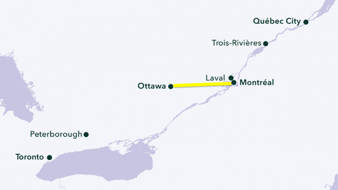 The federal government and Alto have confirmed the first segment of the Toronto–Québec City high-speed rail corridor will be constructed between Ottawa and Montreal beginning in 2029. (Map: kawarthaNOW)